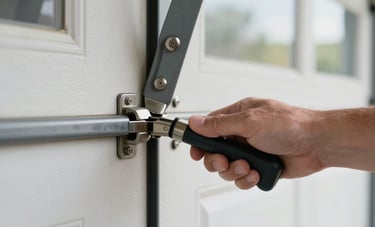 A close-up shot of a professional hand performing a safety check and lubricating the metal hinges of a garage door in a bright North American garage setting.