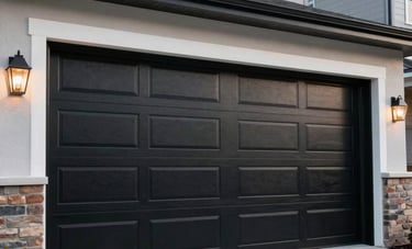 A modern North American suburban home with a newly installed set of stylish black steel garage doors. Professional real estate photography, clean and elegant composition.
