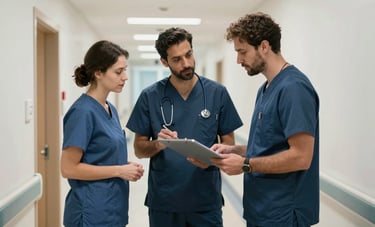High-quality shot of medical professionals collaborating in a modern North American hospital hallway, professional scrubs, efficient and clean environment.