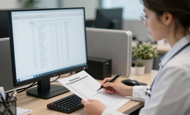 Modern office setting in North America, a care manager reviewing medical charts on a screen, organized workspace, trustworthy and sophisticated atmosphere.