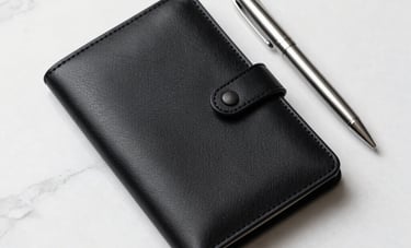 An overhead flat lay of a luxury black leather portfolio and a sleek silver pen on a white marble surface. North American / US executive aesthetic, sharp focus, clean composition.
