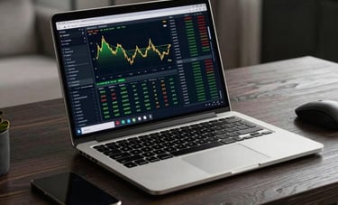 A high-end laptop on a minimalist dark wood desk in a luxury South Asian / Indian apartment, screen showing live trading data, professional desk setup with green and gold accents.