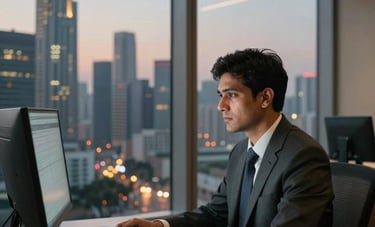 A focused trader in a high-end corporate office in Mumbai, overlooking a city skyline at dusk, the room reflecting a professional atmosphere with gold and dark grey tones.