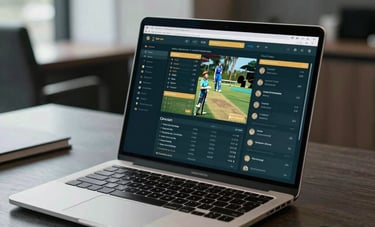 High-end professional photography of a modern luxury office in India, a laptop on a dark desk showing a secure dashboard with cricket statistics, gold and muted teal color palette.