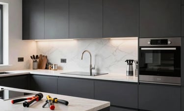 Interior photography of a sleek, modern kitchen renovation in a British home. High-contrast design featuring dark charcoal cabinets and white marble, with professional construction tools visible on a workbench.