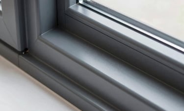 A close-up photograph of a modern Northern European window frame being transformed with premium architectural foil in a matte anthracite gray. The image shows the clean lines and precision of the application.