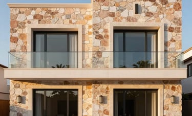 A wide-angle photography shot of a completed luxury villa facade in Portugal, showcasing masterfully executed masonry and stone cladding. The lighting is warm golden hour, emphasizing reliability. Rosy brown and off-white color palette.