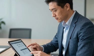 Photography of a real estate professional reviewing digital workflows on a tablet in a well-lit US corporate boardroom, depicting streamlined reliability. Features slate blue and light grey hues.