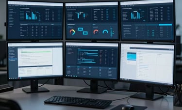 Photography of a sophisticated multi-monitor setup in a modern North American office, displaying automated backend systems and data dashboards. Minimalist and clean aesthetic utilizing dark navy and soft blue tones.