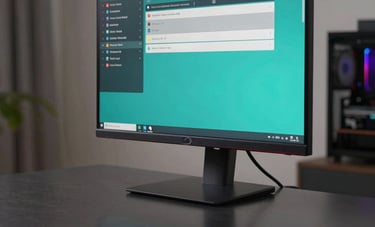 Close-up of a high-performance gaming monitor displaying a vibrant teal and silver menu, reflected on a dark charcoal desk in a modern North American apartment. Sharp focus, professional lighting.