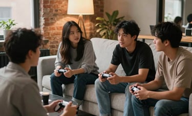 A group of young adults in a North American urban loft, sitting on a light gray sofa, engaged in conversation while holding controllers. The scene is inspiring and community-focused with warm, soft-box lighting.