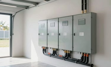 A wide angle shot of a clean, brightly lit garage in a North American / US (Florida) home, featuring a modern, meticulously labeled electrical service panel and organized conduit runs.