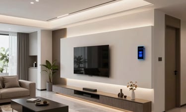 Interior photography of a sleek, modern Orlando living room with architectural LED cove lighting and smart dimmer switches, clean lines and organized layout, North American / US (Florida).
