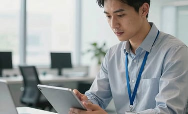 A professional North American tech consultant in a brightly lit, modern office space using a tablet to review accessibility and security protocols. The color palette features light grays and sky blue accents, creating an atmosphere of reliability.