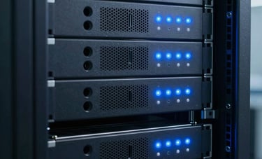 Close-up photography of a high-performance server rack in a secure data center, glowing with soft dark blue and slate blue indicator lights. The style is clean and industrial, representing robust performance and reliability.