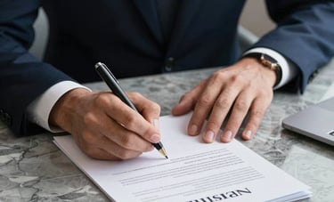 A close-up photography shot of professional hands signing a strategic financial agreement on a polished marble surface. Sophisticated atmosphere with deep navy and silver grey tones, United Kingdom corporate setting.