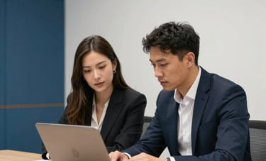 Two focused professionals in business attire collaborating over a laptop in a modern meeting room in Essex, United Kingdom. The scene is professional and innovative, with steel blue and pearl white accents in the decor.