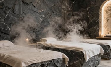 A luxury spa area with steam and soft lighting. Natural stone textures in charcoal and off-white colors. A serene Turkish / Anatolian wellness setting for relaxation.