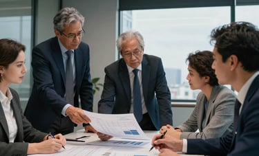 An executive meeting in a high-rise office in Spain. Professionals are reviewing financial projections and technical blueprints for an energy efficiency project. Sophisticated lighting, carbon gray and navy blue accents.
