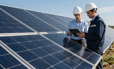 A field of modern photovoltaic solar panels in a European landscape. Technical precision shown through sharp lines and clear blue sky. A professional engineer examines a tablet nearby. Corporate navy and white color palette.