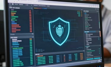 A close-up photography shot focusing on a high-definition monitor in a modern office in Pune, India. The screen displays complex data encryption patterns and a digital shield icon, with a South Asian / Indian professional visible in the soft background blur.