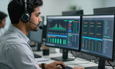 A professional and bright technical support office in Pune, India. A South Asian / Indian IT engineer wearing a headset is focused on multiple computer monitors showing server health analytics, illustrating 24/7 reliability and expert support.