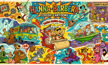 Colagem colorida de desenhos animados clássicos da Hanna-Barbera com Scooby-Doo, Os Flintstones, Tom