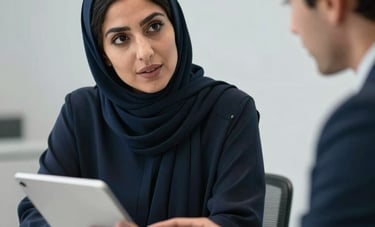 Professional Middle Eastern woman in a modern agency setting, discussing e-commerce data on a tablet with a colleague. Sophisticated indoor lighting, Navy and Light Grey background.