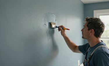 Photography of a residential exterior painting project in a North American suburb. A professional painter uses a brush on a muted blue-gray wall. Expert craftsmanship, soft natural lighting.