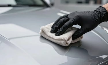An extreme close-up of a hand wearing a black nitrile glove applying a ceramic coating to a silver car hood with a microfibre applicator. Glossy reflections of a modern detailing studio, international/global context.