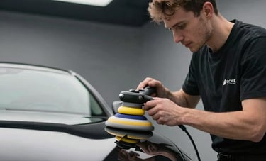 A low-angle professional photograph of a male detailing expert using a dual-action polisher on a black luxury sedan. Bright LED studio lights creating sharp highlights on the metallic surface. International / Global.