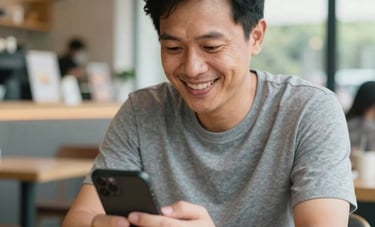 A happy Southeast Asian / Malaysian adult looking at their smartphone with a relieved smile while sitting in a clean, modern cafe environment, soft daylight lighting.