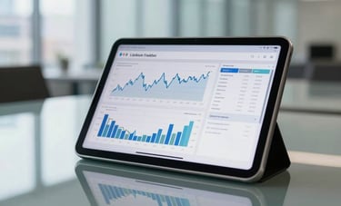 A professional tablet lying on a glass conference table in a modern corporate building in La Défense. The screen displays detailed financial charts and analytics in a clean, modern layout. Bright, airy, and efficient lighting in a French business hub.