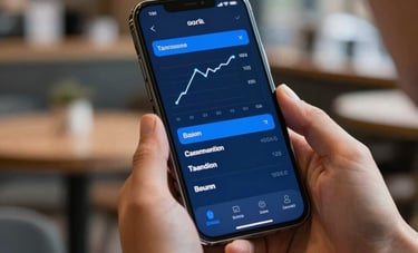 A close-up of a person's hands holding a premium smartphone in a modern cafe in Lyon. The screen shows a sophisticated financial tracking application with Midnight Blue and Bright Blue accents. Shallow depth of field, European setting.