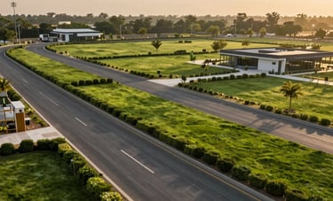 A wide photography shot of a pristine land development project in Gurugram, showing green manicured boundaries and modern asphalt roads, South Asian / Indian landscape, golden hour lighting, symbolizing high-value investment and trust.