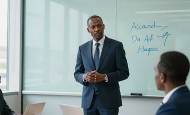 A modern, bright conference room in a Sub-Saharan African city. A business leader presents a strategy on a glass board. The style is sophisticated and authoritative, using pale aqua and muted blue tones.