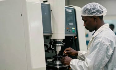 A high-tech manufacturing facility in Sub-Saharan Africa. Professional workers in clean safety gear operating precision machinery. Crisp photography with deep teal shadows and bright off-white highlights, conveying industrial growth.