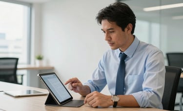 A South American professional consultant in a bright, modern office in Sao Paulo, reviewing digital documents on a sleek tablet. The atmosphere is professional and modern, using off-white and grayish blue accents.