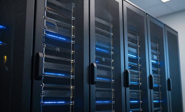 High-tech server room background with subtle blue lighting, representing advanced data protection and modern infrastructure. Professional photography, South American business context, sharp focus on technology.