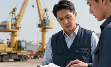A professional consultant in a navy vest and a client reviewing digital documents on a tablet in a North American / US heavy equipment yard. Large industrial cranes are blurred in the background under a light blue sky.