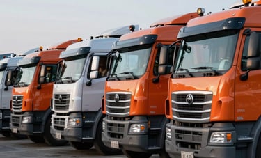 A fleet of high-quality, modern heavy duty trucks and earthmovers parked in a clean row at a North American / US logistics facility. The lighting is soft and professional, emphasizing the orange and steel blue colors of the machinery.