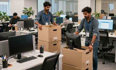 A modern office space in a South Asian tech hub being efficiently packed. Movers are carefully organizing computer monitors and ergonomic chairs into secure, labeled crates.