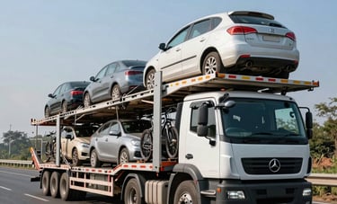 A large vehicle carrier truck safely transporting cars and bikes on an Indian highway under a clear blue sky. Professional composition highlighting reliability and transit safety.