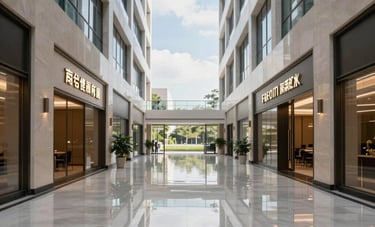 A wide-angle professional photograph of a pristine, high-end South East Asian commercial building hallway. The floors are polished to a mirror shine, reflecting soft sky blue and white light, showcasing premium facility management.