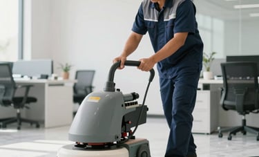 A South East Asian / Indonesian cleaning professional in a modern navy blue and gray uniform using an industrial floor polisher on a marble floor in a bright, modern office space. The lighting is natural and clean.