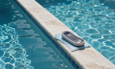 Pristine pool waterline tiles being cleaned, bright reflections on crystal blue water, North American / South Florida backyard, sunny, refreshing aesthetic.