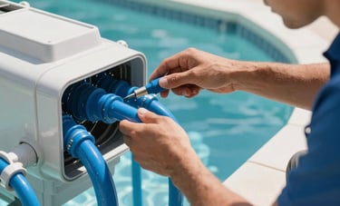 A technician's hands inspecting modern residential pool filtration equipment, clear blue pipes, bright daylight, North American / South Florida setting, professional vibe.