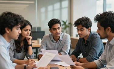 A group of young South Asian entrepreneurs in a sleek Bangalore office space, having a meeting around a wooden table. They are looking at professional documents with expressions of clarity and confidence. The lighting is warm and the room is bright.