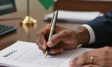 Close-up of South Asian hands holding a fountain pen, signing official-looking business documents on a high-quality desk. A small Indian flag is subtly visible in a desktop stand in the soft-focus background, suggesting corporate compliance.