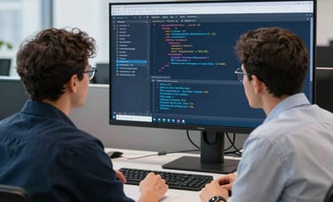 Two professional developers in a modern North American technology firm collaborating over a large widescreen monitor showing complex web code. The lighting is bright and clean with navy blue and light blue design accents.